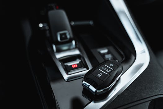 Close-up of modern car interior featuring a sleek car key and shifter, showcasing luxury design.
